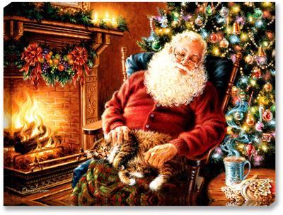 Santa is caught napping, fast asleep in his rocking chair. A tabby cat sits on his lap, while Santa rests besides his crackling stone fireplace and brightly decorated Christmas tree. A warm cup of cocoa sits on the table with some cookies.