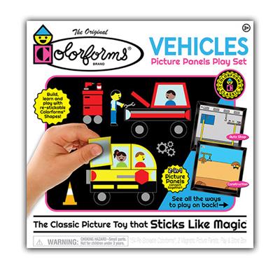 Construct colorful scenes and puzzles, mix and match over 150 Colorforms® pieces to build your own unique vehicles, then re-stick the shapes to create imaginative stories over and over again!