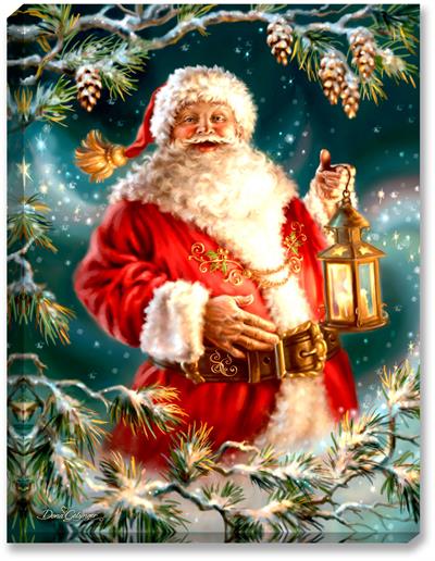 A cheerful and jolly Old Saint Nicholas is all dressed in red, with a big smile, holding a golden candle lite lantern, with snow, stars, and pine cones in the background.