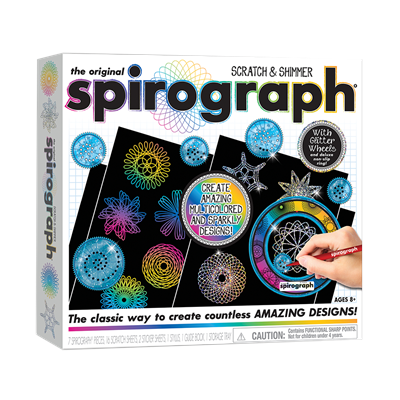 Create amazing Spirograph art with this scratch design set! Use the stylus tool with glitter wheel and gears to scratch designs on the special sparkle or rainbow scratch paper. You can also use your own pens to draw Spirograph designs on regular paper!
