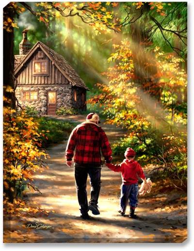 Father and son walking in the woods art print