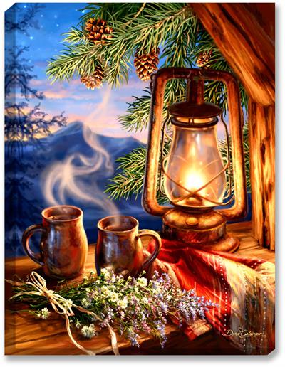 Two mugs of morning coffee sit, overlooking the Mountain sunrise (with stars still in the sky), complete with a lantern, woven blanket, log cabin window sill, pine cones and evergreen boughs, and freshly picked wildflowers. 