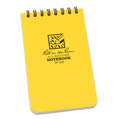 3" x 5" Top-Spiral Notebook is small enough to fit comfortably in your pocket and tough enough to survive any of Mother Nature's onslaughts. This scrappy pocket notebook will survive sweat, rain, mud, snow, oil, 