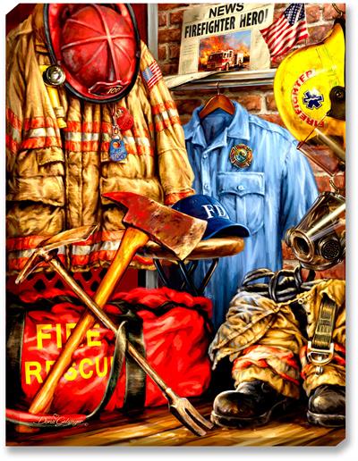 A firefighter's gear: turnout gear, helmet, boots, mask with respirator, duffel bag, axe, and pick. 