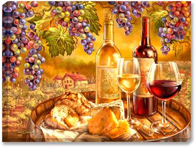 In vino veritas is a Latin phrase that means "in wine, truth", suggesting a person under the influence of alcohol is more likely to speak their hidden thoughts and desires. This painting features red and white wine, grapes, and a Tuscan villa.
