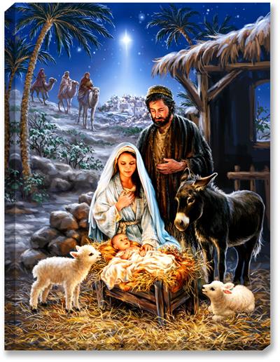 Mary, Joseph, Jesus in manger christian artwork