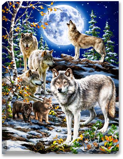 Grey wolf pack with wolf pups and full moon in winter