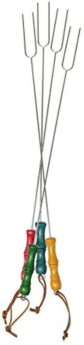 These fresh and vibrant forks are perfect for summertime get-togethers. Forks have turned wood handles in 4 different primary colors for a distinctive cottage retro look. S’more making here we come! 22" overall length. Chrome plated steel with wood handle