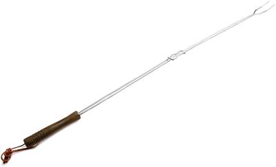 Marshmallow extension fork extends from 21" x 32".  The expanding fork makes it easy to store for car camping or a cookout at a local park.  Made from chromeplated steel with wood handle and leather hanging strap. Designed and made by Rome.