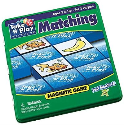  Find the matching magnetic tiles by remembering where you saw them before.  The convenient 6 3/4″ square tin case makes it easy to slip the games into most bags to take everywhere and keep kids entertained.