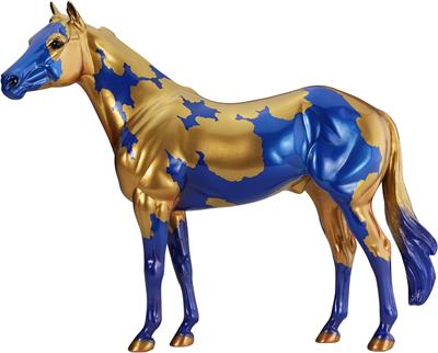 Breyer Traditional Series Gilded 2024 Spring Decorator Limited Edition Hors Gilded is an exciting new take on the original blue and gold color palette, joining stunning metallic shades with a splashy pinto coat.