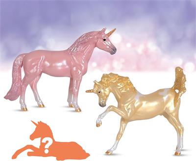 Breyer Horses Unicorn Foal Surprise Sparkling Canyon Family #B-SM-10298 Hidden within the castle walls is a new unicorn foal waiting to be discovered. The set comes complete with a mare, a stallion, and a foal, of course! The Sparkling Canyon family is sure to delight and charm you!