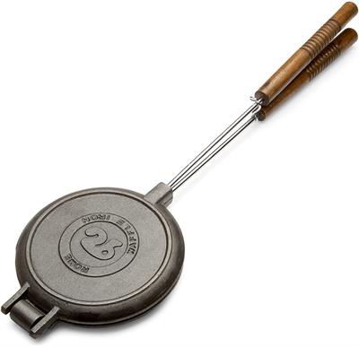 Cast iron waffle iron in the classic round design. We've added 16" long wood and steel handles for use on a BBQ grill. 23" overall length. Makes 6" diameter round waffles. Good for BBQ grills, 2 burner camp stoves or over a campfire.