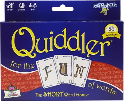 Quiddler, winner of over 20 Best Game Awards, is easy to learn and fun for everyone! The goal is to arrange all the cards in your hand into one or more words. The number of cards dealt increases each round.