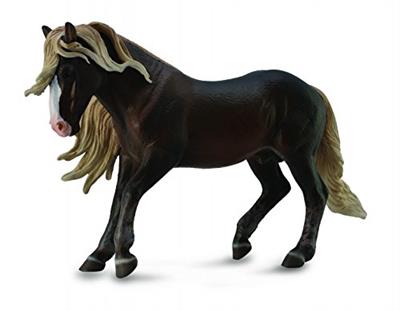 Prancing dark brown toy horse firgure with light mane and tail.
