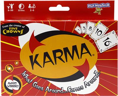 Karma is playfully competitive and infectiously fun! Race to get rid of all your cards by playing a card of equal or higher value. Use your Karma Cards to avoid picking up the discard pile.