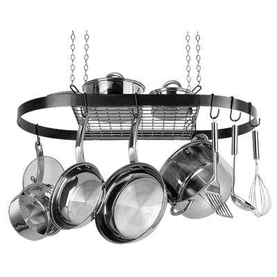 Arrange your cookware and utensils with the Black Enameled Steel Oval Hanging Pot Rack by Range Kleen. Easily access your hanging cookware and utensils! This attractive oval pot rack hangs from the ceiling with an upper shelf and repositionable hooks to s