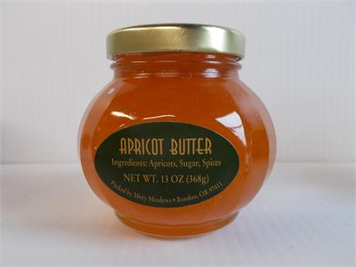 This is the old-fashion kind, cooked slowlyover low heat to reduce and caramelizethe natural sugar. Then we add the restof the stuff and cook some more untilits just the right thickness. Spicy and warm! 13 ounce jar.  Ingredients: Apricot sugar, and spice
