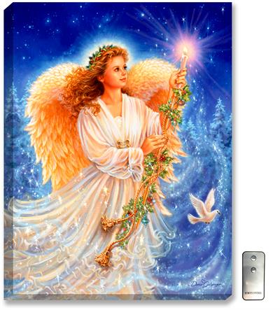 A beautiful young angel holds a golden candlestick. A peace dove softly flies by. Brilliant sapphire blue background with stars and snow dusted evergreen trees. 