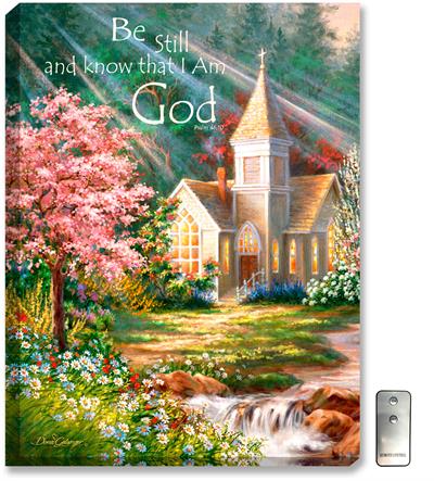 Christian, inspirational artwork with church, sunlight, creek, flowers