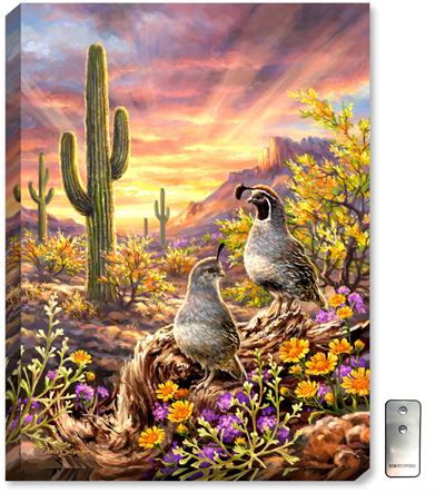 A warm and appealing painting of desert quail, with sunset colors, desert wildflowers, cactus, and large rock formations.