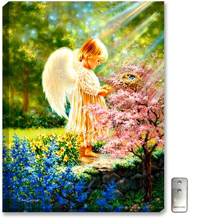 A young femal angel stands in the sunlight while standing in the forest with flowers