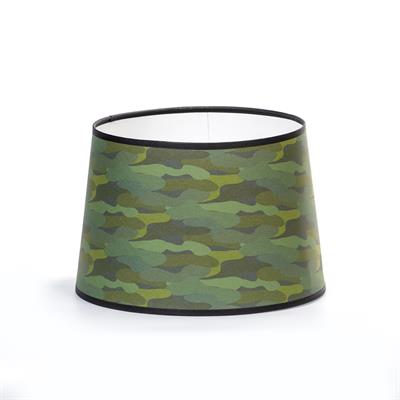 12" Round parchment or paper shade decorated in green camouflage print. Made for non-electric lamps by Aladdin Kerosene Mantle Lamp Company. Use with a 12" tripod or spider shade support