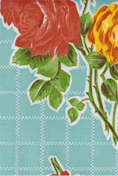 Oilcloth yardage with colorful long-stemmed roses on a simple grid background. An excellent choice for anything from small crafts to large tablecloths, these beautiful pastels prints are pretty as a picture. 