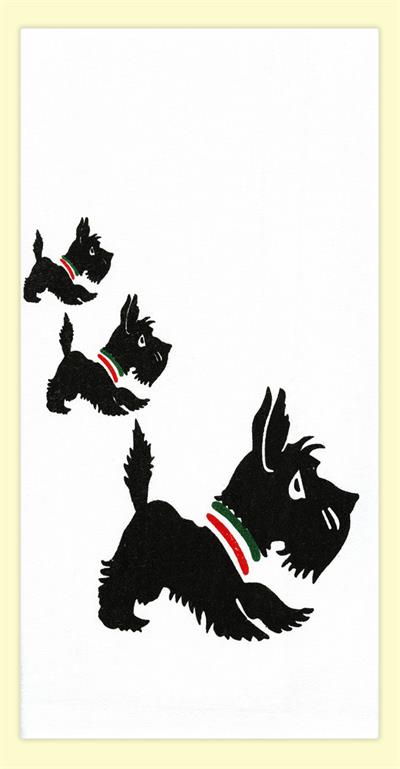 Three adorable Scottie Dogs decorate this 100% cotton flour sack towel. Towel measures 17" x 24". Brand New with Tags.