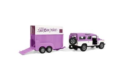 Breyer Horses Unicorn Magic Land Rover & Tag-A-Long Trailer #B-FS-10250 An enchanting vehicle powered by unicorn magic, the Unicorn Land Rover & Tag-A-Long Trailer features working front doors and rolling wheels.
