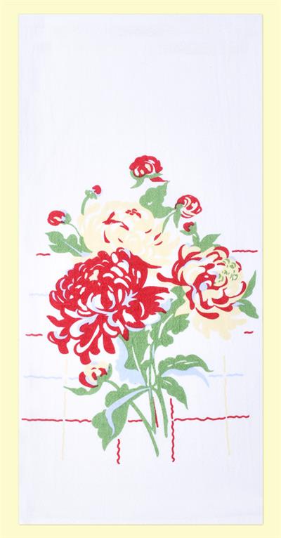 Red and White Kitchen Retro Peonies Flour Sack Towel 100% Cotton