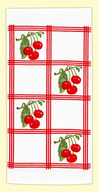  Vintage-look, country-style flour sack towel with red tile squares and clusters of bright red cherries. Measures 17" x 24". 100% Cotton flour sack towel.