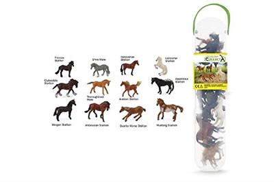 Set includes: Standing Black Friesian Stallion, Walking Grey Shire Mare, Standing Bay Hanoverian Stallion, White Prancing Lippizzaner Stallion, Running Bay Clydesdale Stallion, Galloping Chestnut Thoroughbred Foal, Running Chestnut Arabian Stallion, Stand