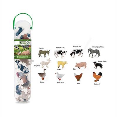 CollectA Farm Animals Set #A1110 - 12 Piece Set  The CollectA Mini Farm Animals Tube includes 12 mini CollectA farm animal figurines. Featuring the Donkey, Friesian Cow, Friesian Bull, Shire Horse Mare, Billy Goat, Sheep, Sow, Border Collie, Goose, White 