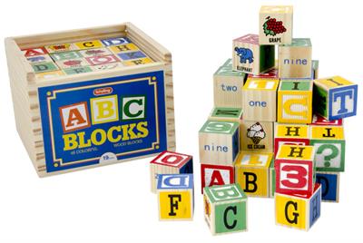 These painted wooden alphabet blocks are a true classic, the kind of toy that stays around from one grateful generation to the next. Each 1.25-inch cube is stamped with letters, numbers, and objects. Kids will spend hours at a time with these blocks, buil