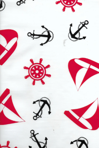 Oilcloth yardage with a whimsical nautical look. Perfect for driving down the coast or taking a trip to the shore. With sailboats, anchors, and steering wheels aplenty, you can rest assured that your items are tucked away safely for the trip. Bon voyage!