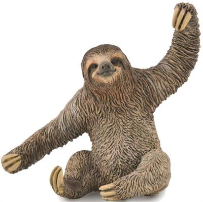 Sitting Brown Sloth Animal Figurine, smiling or happy face, with left arm raised above head