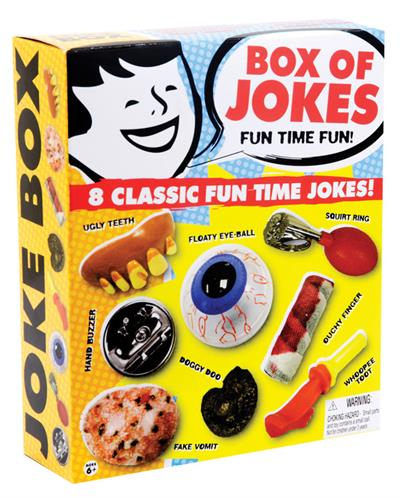 Schylling Toys Jumbo Boxe of Jokes #JBOX  Schylling Toys Jumbo Boxe of Jokes #JBOXThe joke's on you with this Jumbo Joke Box. Box comes with 8 classic gags in one package! Includes goofy teeth, hand buzzer, floating eyeball, vomit, a bandaged finger, fake