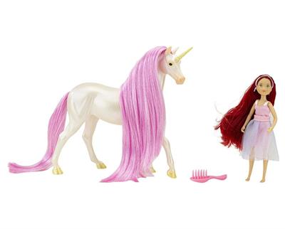 Breyer Horses Classic Size Freedom Series Unicorn Sky and Rider Meadow The Magical Unicorn Sky is a shimmery white creature with silky two-tone pink mane & tail; a true beauty. Accompanied by the fantasy rider, Meadow, a 5.75” articulated rider dressed in fantasy inspired outfit.