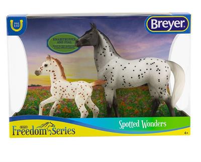  The Knabstrupper is a rare breed best known for their spotted coats, which come in many different patterns. The Knabstrupper has been used as cavalry mounts and for riding and driving. This horse and foal set is a great addition to the Breyer 2020 line!
