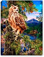 Owl sits perched in pine tree overlooking mountain, lake, and cabin the woods art print