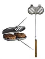 Rome Industries 1525 Cast Iron Double Burger Griller will grill two burgers at the same time. Forget about using that rusty old grill at the campfire, hold this cast iron grill over the fire or place it on the grill to ensure safe and sanitary cooking. 