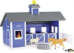 Breyer Farms™ has an exciting new playset - Home at the Barn! This beautiful blue, 3-stall barn comes complete with fencing, a dog, a sheep, a hen with chicks, a Stablemates horse, and water trough. 