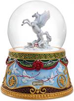 A brilliant white Pegasus takes flight amidst swirling snowflakes in this enchanting snow globe. With wings spread and golden hooves stretching out before it, the Pegasus soars above the star-filled clouds and a pair of doves.
