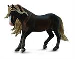 Prancing dark brown toy horse firgure with light mane and tail.