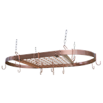 Organize your cookware and save cabinet space with the Copper Motif Oval Hanging Pot Rack by Range Kleen. The ceiling mounted Oval Hanging Pot Rack Bar features a stylish Copper painted finish, and is perfect for utilizing unconventional spaces for organi