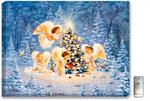 Four angel children, dressed in white, decorate a Christmas tree. Peace doves fly overhead a snowy, winter scene.
