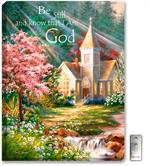 Christian, inspirational artwork with church, sunlight, creek, flowers