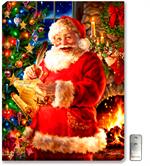 A bright and jolly Santa Claus is posed with his list of naughty and nice, and he's checking it twice. Background has an elegant and colorful Christmas tree, and Santa is standing in front of a warm, crackling stone fireplace.