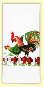 Outspoken little hen and her proud husband! This vintage print of a country hen and her colorful rooster mate are sure to brighten up any country kitchen. 100% cotton flour sack towel measures 17
